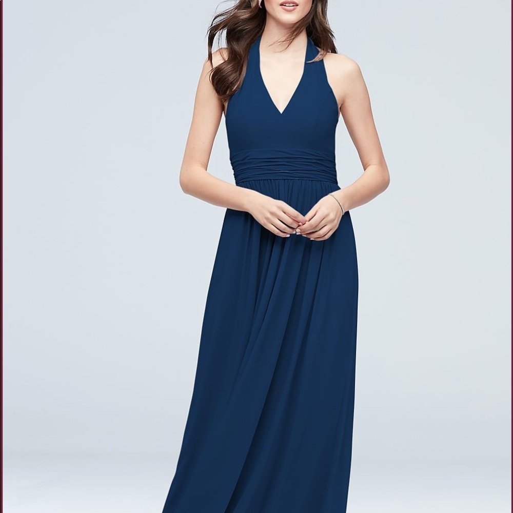 David’s  Bridal Halter Ruched Waist Georgette Bridesmaid Dress - Picture 5 of 5